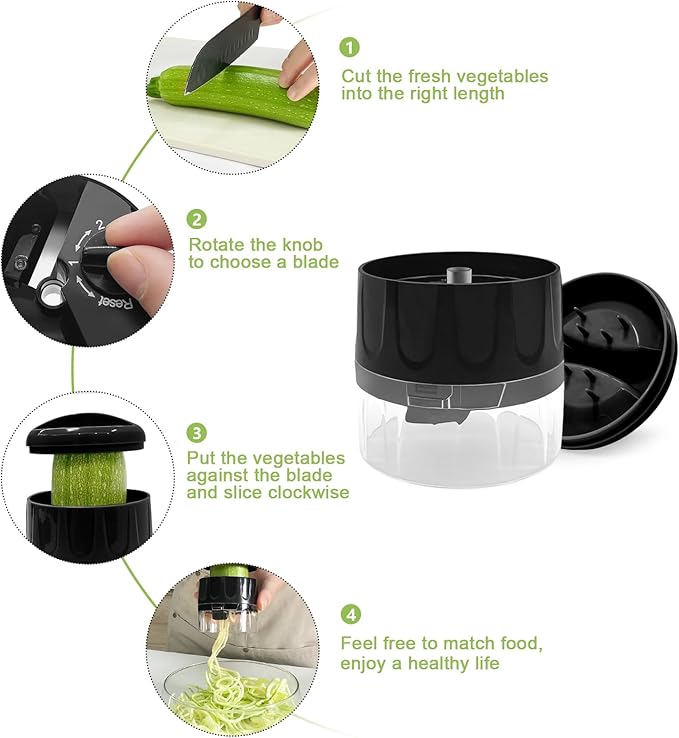3-in-1 Vegetable Spiralizer Slicer, Adjustable Mandoline Spiral Cutter for Zucchini Noodles, Carrots, Cucumber (Black)