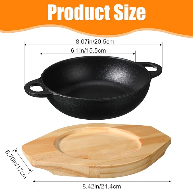 2 Sets Mini Cast Iron Skillet with Wooden Base Small Cast Iron Plates Skillet Pan Round Fajita Plate Hot Steak Pot Dish for Baking Cooking(6.1 Inch)