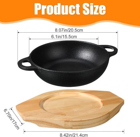 2 Sets Mini Cast Iron Skillet with Wooden Base Small Cast Iron Plates Skillet Pan Round Fajita Plate Hot Steak Pot Dish for Baking Cooking(6.1 Inch)