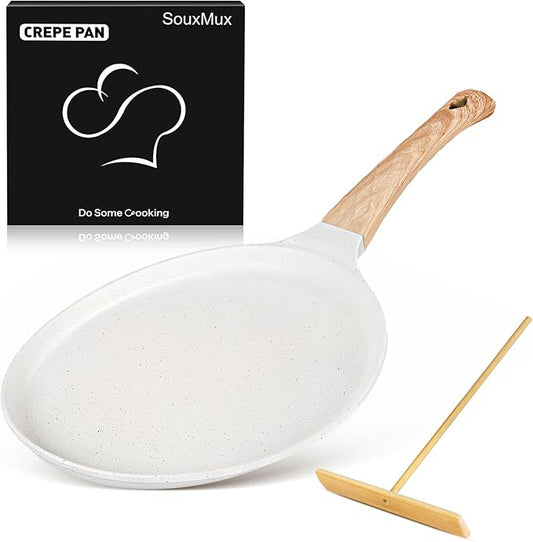 SouxMux Nonstick 9.7-Inch Crepe Pan with Spreader, Ceramic Coated Dosa Tawa Pan, Induction Compatible Flat Skillet for Pancakes, Omelettes, and More with Cool Handle, PFOA Free