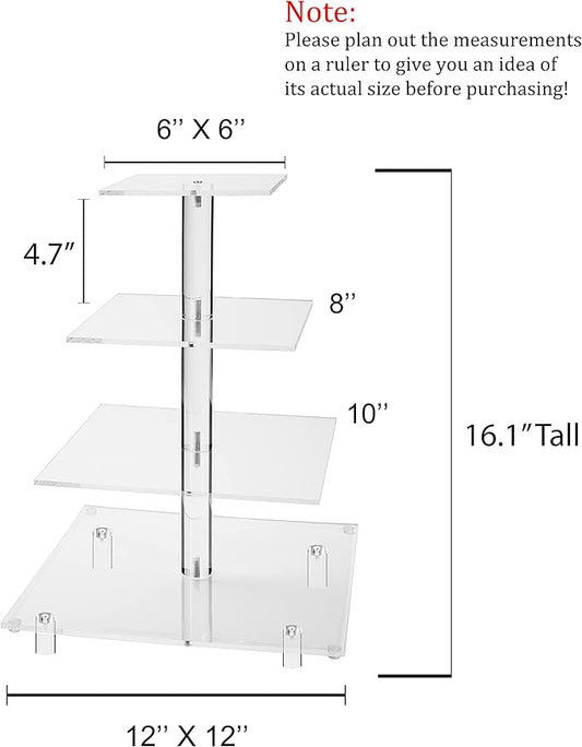 Jusalpha® Large 4 Tier Acrylic Glass Square Cake Stand-cupcake Stand- Dessert Stand-Tea Party Serving Platter-Candy Bar Party Décor, With Rod Feet 4SF-12(4.7'' between 1 tiers)…