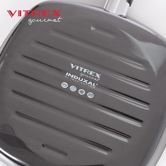 VITREX Granite Noir Metallic Nonstick 10.6" Square Grill Pan – Black Enameled Steel, Stone-Effect Triple-Layer Coating, Ridged Cooking Surface Griddle Pan
