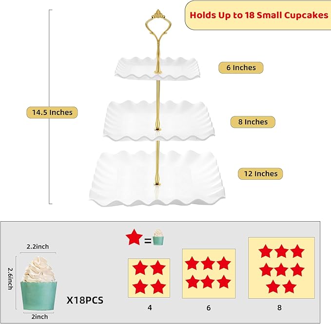 Dessert Cupcake Stand, 3 Tier Cup Cake Holder Tower for Tea Party/Birthday/Wedding, Plastic Tiered Serving Tray with Metal Rod, White