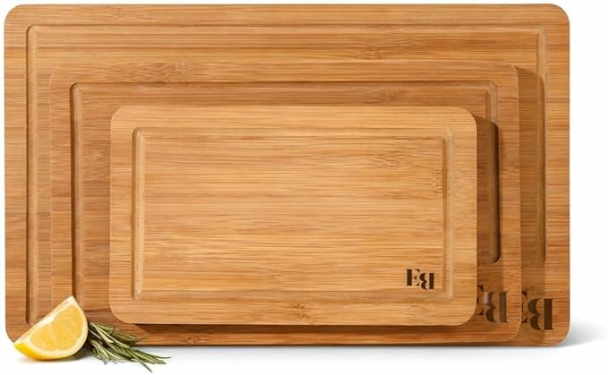 ELITE BLACKSMITH Bamboo Cutting Board Set of 3 – Crack Resistant, Eco-Friendly Cutting Boards with Deep Juice Grooves & Handles – Heavy-Duty Butcher Block for Meat, Charcuterie Board