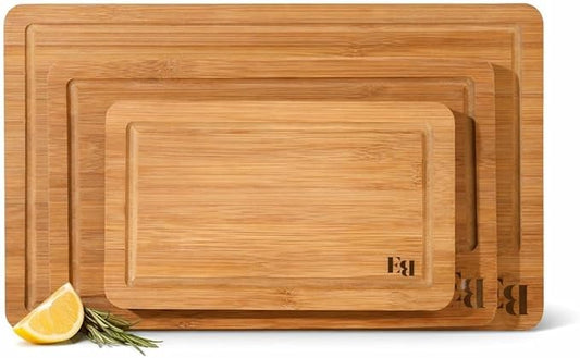 ELITE BLACKSMITH Bamboo Cutting Board Set of 3 – Crack Resistant, Eco-Friendly Cutting Boards with Deep Juice Grooves & Handles – Heavy-Duty Butcher Block for Meat, Charcuterie Board