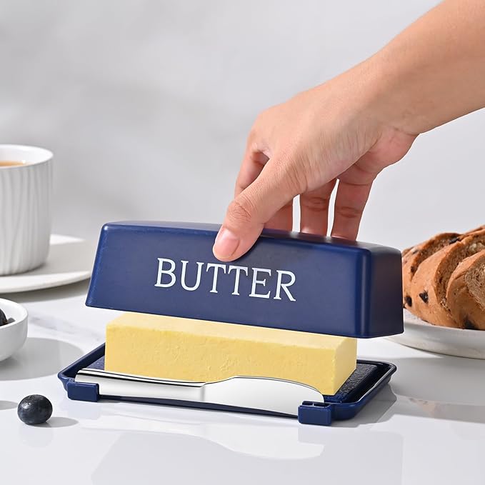 Butter Dishes With Lid And Stainless Steel Knife,Food Grade Plastic Butter Holder For Countertop,Blue Cheese Storage Keeper Container