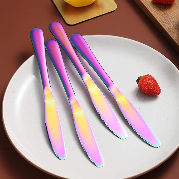 Berglander Rainbow Dinner Knives Set Of 4, Stainless Steel Titanium Plating Shiny Colorful Dinner Knife, Mutil Color Butter Knife Spreader Table Knives Sturdy And Dishwasher Safe