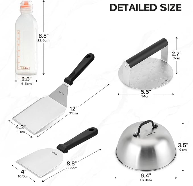 Onlyfire 7PCS Griddle Accessories Kit for Cooking Indoor or Outdoor, Multifunctional Grill Utensil for Blackstone Including Melting Dome, Grill BBQ Spatulas, Chopper/Scraper, Liquid Dispensers, Grill Press Great