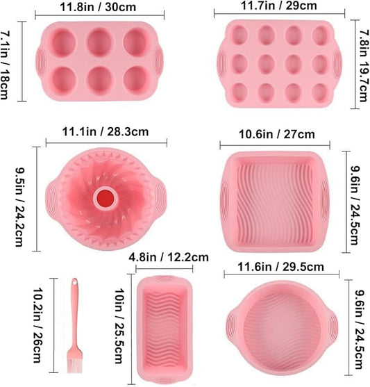Nonstick Silicone Bakeware Set, 7pcs Baking Cake Pan, Economical BPA Free Heat Resistant Bakeware Suppliers Tools Kit with Silicone Brush for DIY Loaf Bread Cheesecake Pizza Cupcake Muffin
