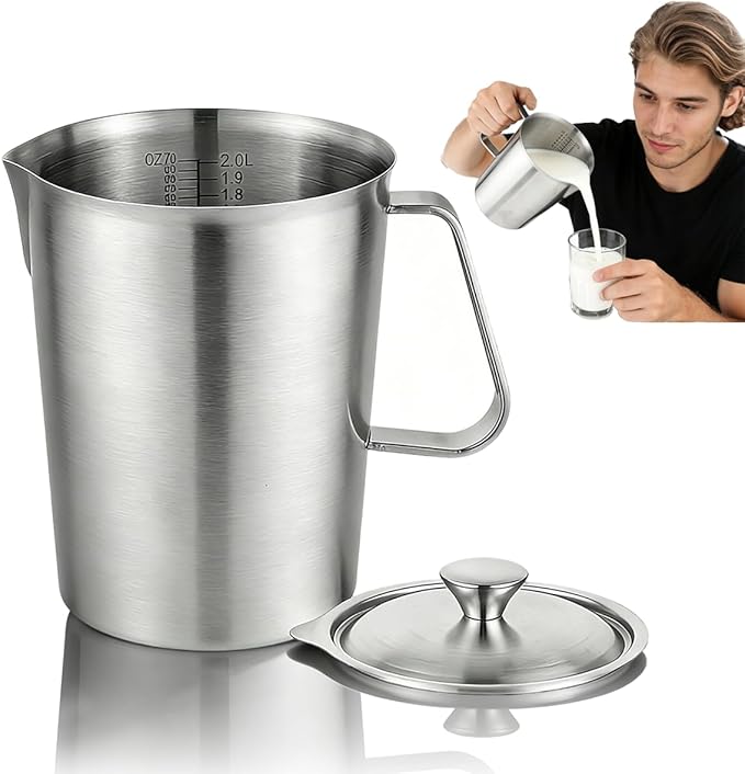 Stainless Steel Pitcher with Lid,70 oz 2 Liter Water Pitcher Large Metal Measuring Cup with Handle,8 Cup Measuring Cup Metal Pitchers,Suitable for Espresso Machines, Latte Art, Iced Tea.