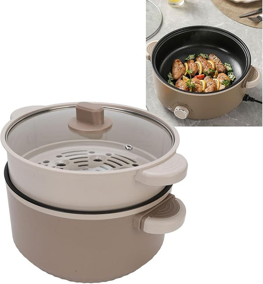 Hot Pot Electric with Steamer, 800W 3L Anti Scald Multifunctional Electric Cooker with Food Grade Nonstick Coating & Steam Basket for Steak Rice Noodles Soup (US Plug)