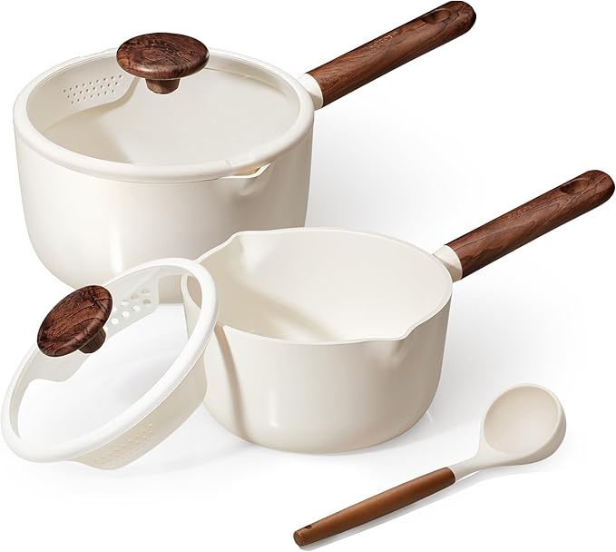 CAROTE 2QT & 3QT Sauce Pan Sets with Lid & Ladle Ceramic Nonstick Pot Set Non Toxic Saucepan Small Kitchen Cooking Pots, Easy to Clean, Induction Comptable, PFAS PTFE Free