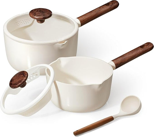 CAROTE 2QT & 3QT Sauce Pan Sets with Lid & Ladle Ceramic Nonstick Pot Set Non Toxic Saucepan Small Kitchen Cooking Pots, Easy to Clean, Induction Comptable, PFAS PTFE Free