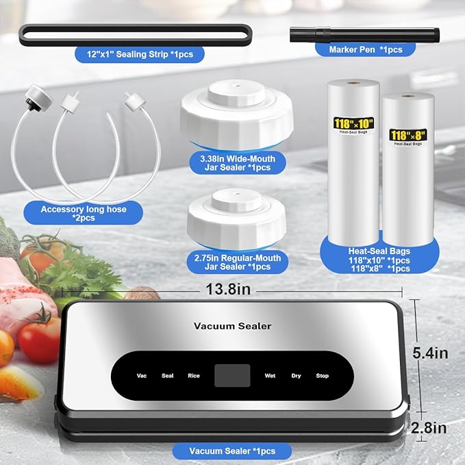 8 in 1 Food Vacuum Sealer Machine With Canning Sealer,Multi-function Food Sealer Built-in UV Cutter/Bag Storage Act on Dry Wet oil Crispy,Vacuum Sealer with Cutter Attached 2 Bag Rolls/Marker Pen