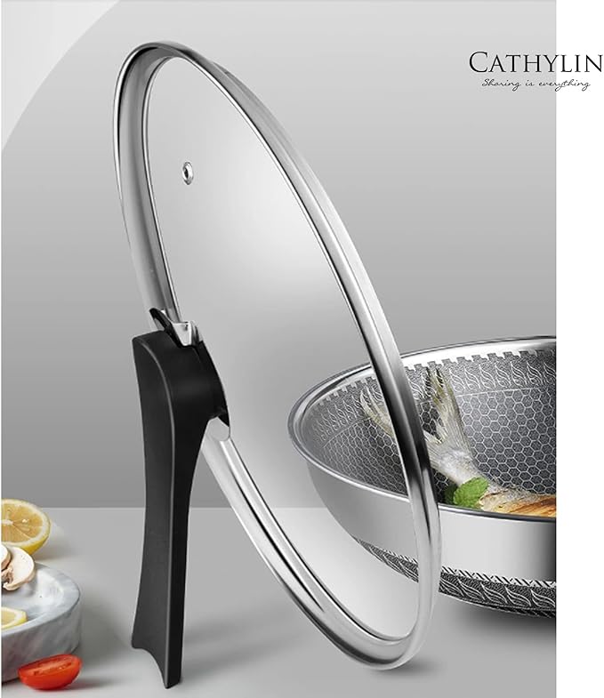 CATHYLIN 13'' 316L Stainless Steel Stir-fry Wok with Lid,Non Stick Skillet with Stay-cool Handle PFOA Free Suitable for Induction, Ceramic, Electric, and Gas Cooktops