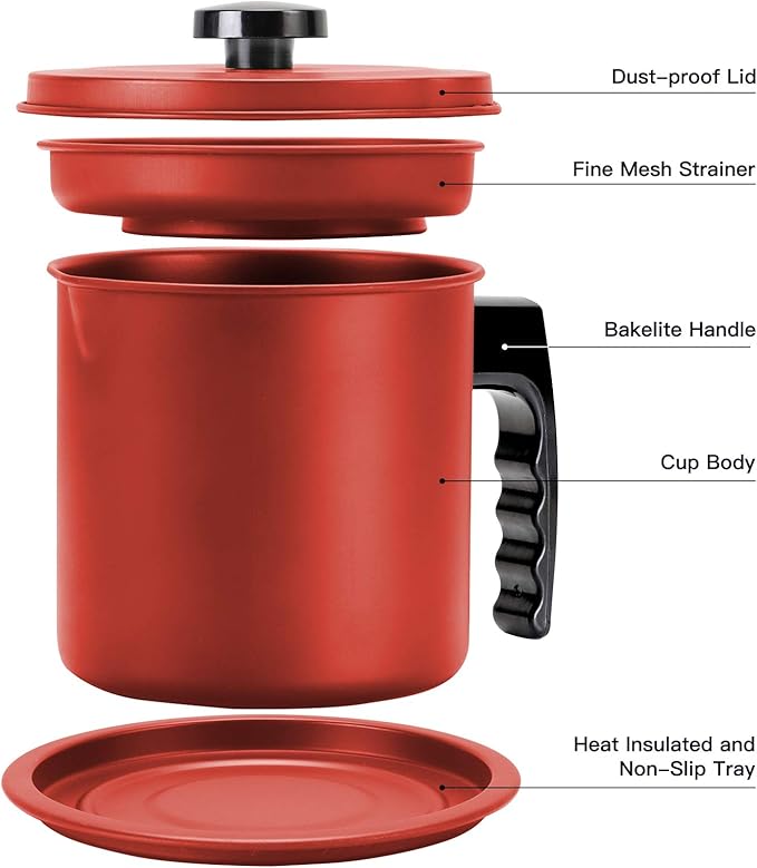 Cambom Bacon Grease Container with Fine Mesh Strainer, 1.3 L almost 6 Full Cups Iron Cooking Oil Can with Removable a Coaster Tray for Kitchen Fat Storage Red