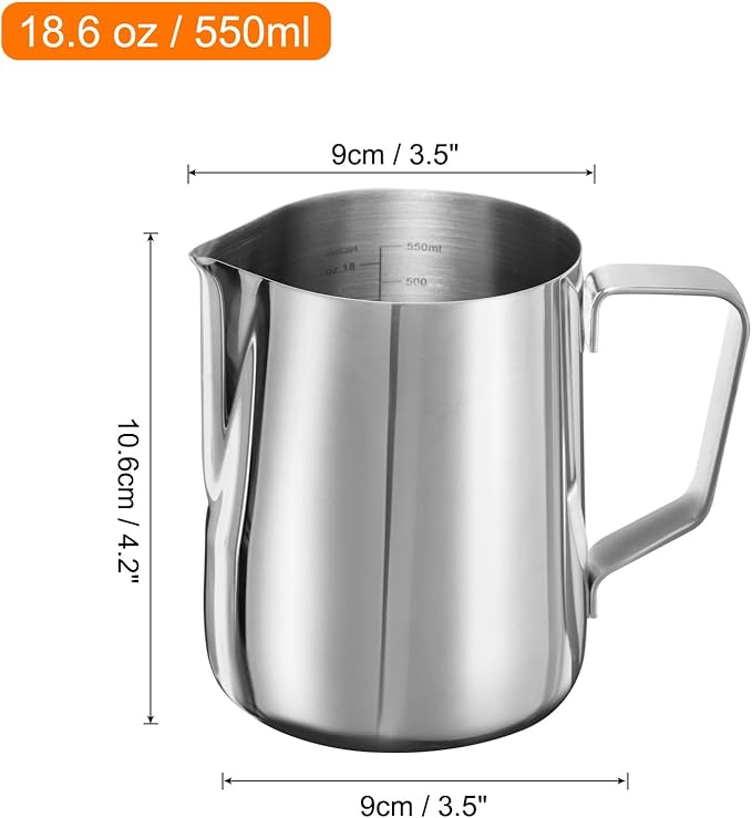 uxcell Milk Frothing Pitcher, 21oz / 600ml Stainless Steel Milk Frother Cup with Scale for Milk Steaming Pitcher Latte Art Cappuccino Coffee Espresso Accessories Tool, Silver Tone