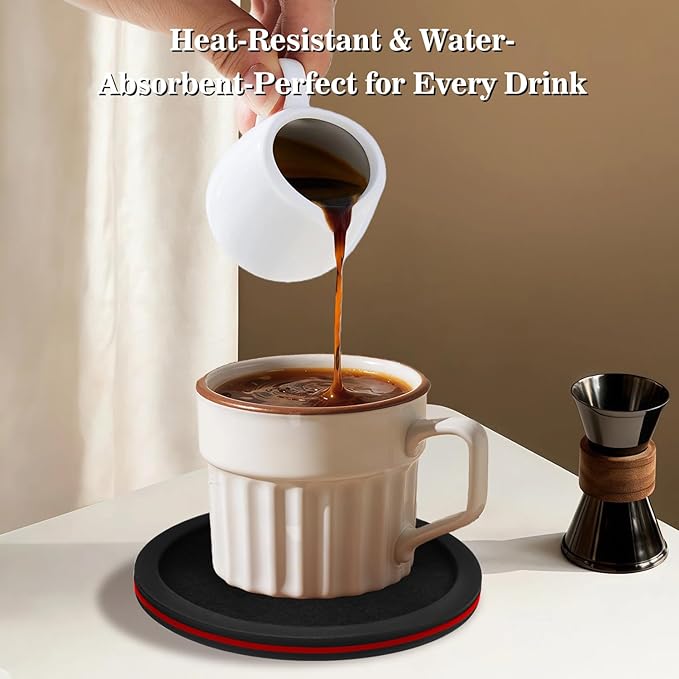 Sleek Absorbent Coasters with Holder – Silicone Cup Mat with Removable Felt Insert Non-Slip, Non-Stick, for Coffee Tables, Kitchen Décor – Set of 6 Coasters (Red)