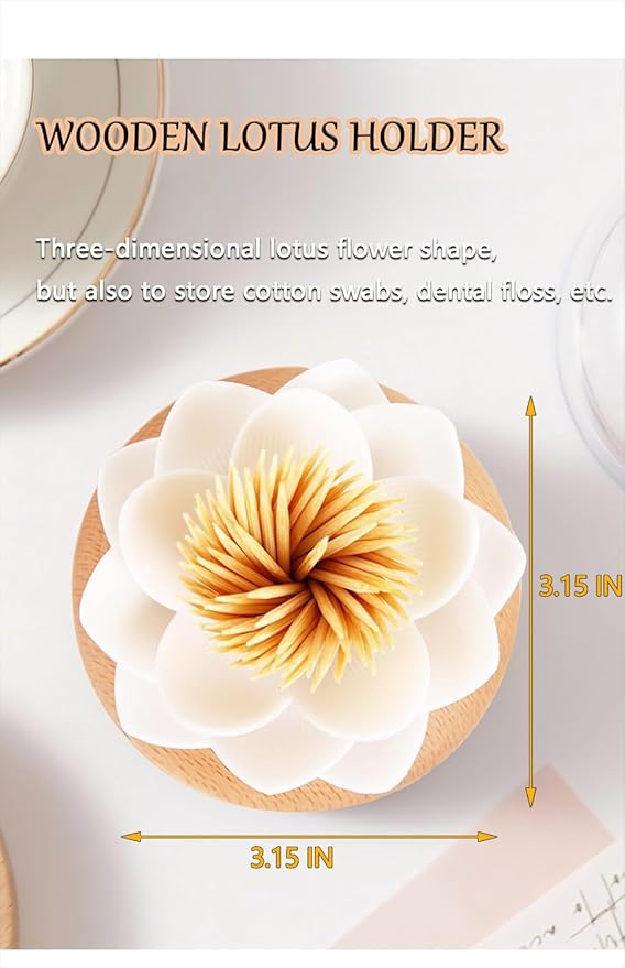 Toothpick Holder Dispenser Lotus Q tip Holder Wood Toothpick Holder, Tooth Picks Beech Toothpick Holders White Flower Decorative for Kitchen Table Decorations Cute Gifts -with 80 Toothpick
