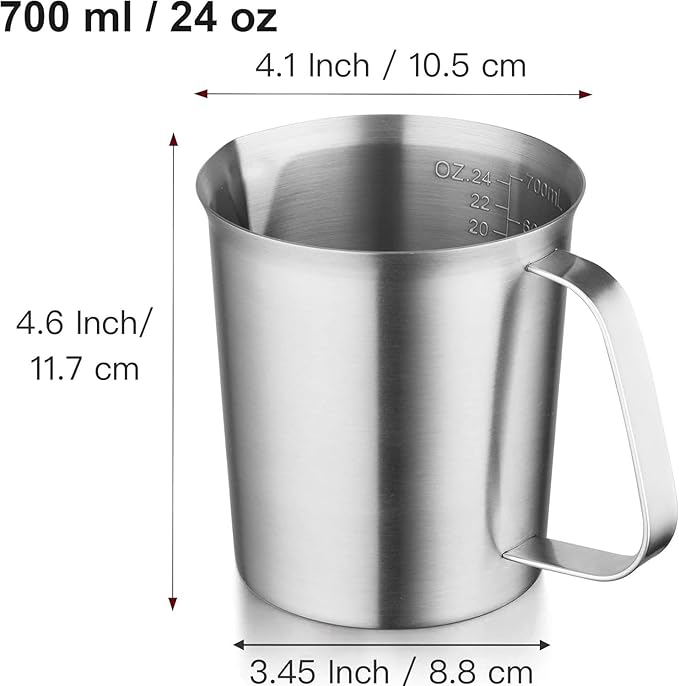 CURTA 18/8 Stainless Steel Measuring Cup with Handle and Pour Lip, Metal Pitcher with Oz and ML marking, 24OZ/700ML- 3 Cup), Heavy-Duty Pitcher