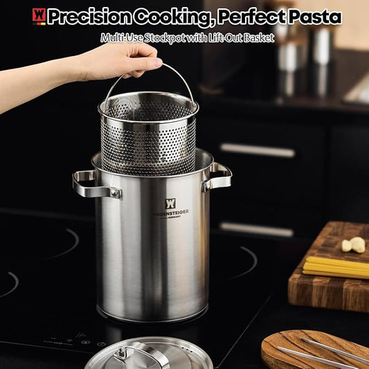 Premium Stainless Steel Asparagus Steamer Pot or Spaghetti Pasta Stovetop Cooker with Perforated Steamer Basket, Tall & Large Size, Versatile Cookware, 3-Ply Base(4.3Liters/1.14Gals)