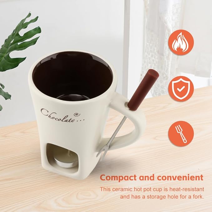 Chocolate Fondue Mugs, Chocolate Melting Cup Set with Forks Candle Warmer, Mini Ceramic Coffee Warmer Mug, Fondue Cups With Forks For Date Night Birthday Wedding Gifts(White)
