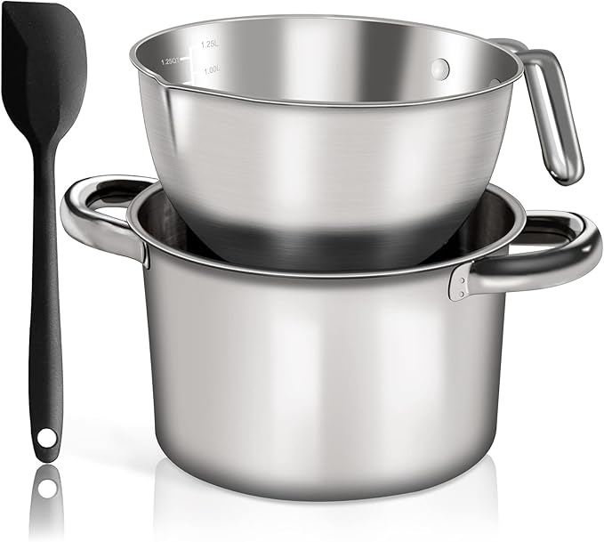 Marsheepy Double Boiler Pot Set, 2500ML（2.3QT） Mixing Bowl for Chocolate Melting, 4000ML（3.63QT） Stainless Steel Pot With Silicone Spatula for Melting Chocolate, Candy, Candle, Soap, Wax