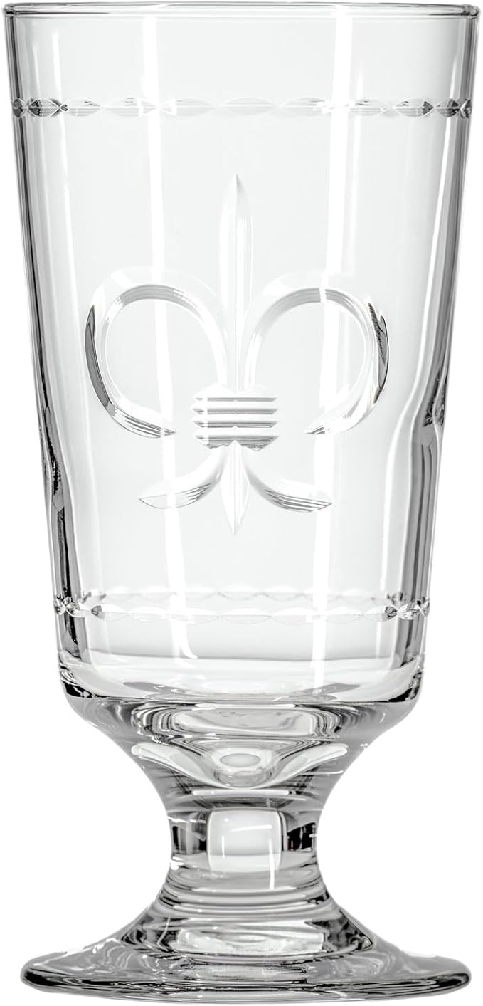 Rolf Glass Fleur De Lis Footed Highball Glass | Set of 4 10oz Footed Cocktail Highball Tumbler | Lead-Free Diamond-Wheel Engraved Glass | Made in the USA