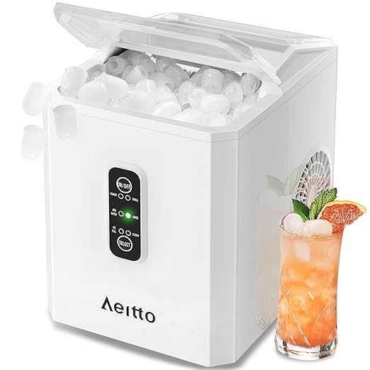 Aeitto Ice Makers Countertop, 26Lbs/24H Ice Machine with 2 Sizes of Bullet Ice, 9 Ice Cubes Ready in 6 Mins, Self-Cleaning Portable Ice Maker with Ice Scoop and Basket for Home Office Bar RV, White