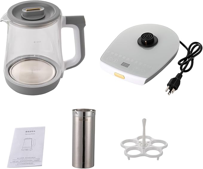 Bepritm 1.8L Multifunctional Electric Glass Kettle & Health Pot – 100-800W Hot Tea Maker, Auto Boiling Water Kettle with Filter, for Coffee, Herbal Decoction & Soup (110V) (Grey&White)