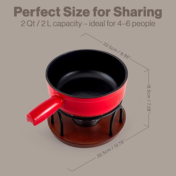 Swissmar Ticino Cast Iron Fondue Set with Enameled Interior, 2L / 2 QT – 9-Piece Cheese & Chocolate Fondue Pot with Forks, Burner & Beechwood Base – Perfect for Family Gatherings & Gift Giving – Red