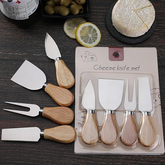 4-Piece Set of Stainless Steel Cheese Knives with Wood Hand, Including Cheese Slicer and Cheese Cutters, Essential Cheese Tools for the Kitchen (Oak handle, Silver)