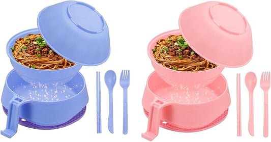 uxcell 2 Sets Microwave Ramen Bowl Set, Wheat Fiber Noodle Bowls Plastic Cooker with Lid Handle Fork Spoon Chopsticks for College Dorm Room Apartment, (Purple/Pink)