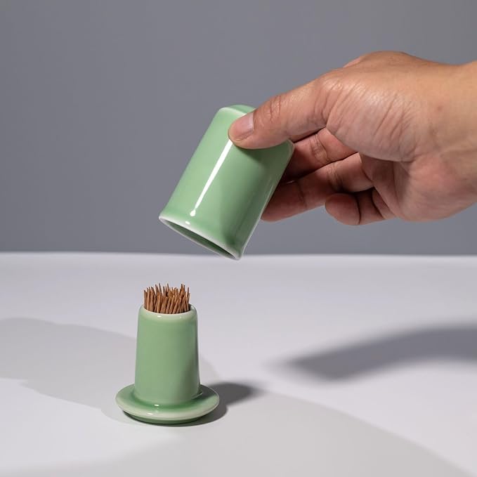 ceramic Toothpick Holder, Toothpick Dispenser with Lid, Porcelain Tooth Pick Holder, Toothpicks Container Case Organizer for Home, Kitchen, Restaurant (Green)
