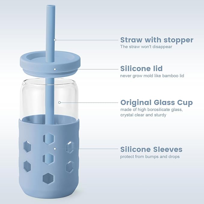 Glass Cups with Lids and Straws (4 Pack), 16oz Drinking Glasses Set with Silicone Sleeves for Coffee Bar Accessories Iced Coffee Cups with Lids, Glass Tumbler Reusable for Gifts