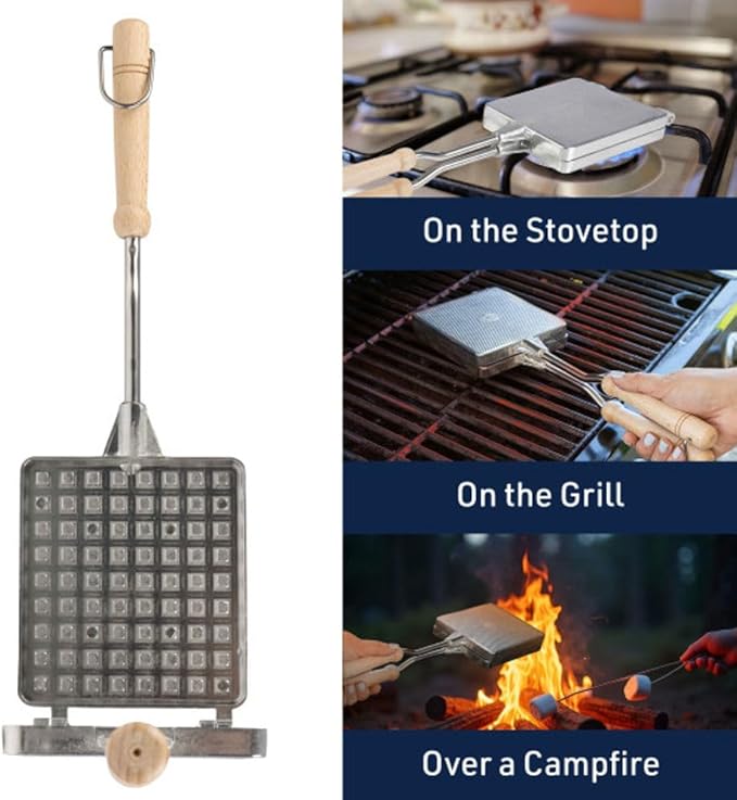 Waffle Maker for Stovetop or Campfire Cooking Equipment - Aluminum Flip Pan Belgian Waffle Iron with Handles - Portable Camping Toaster Great for Kitchen and Camping Cookware by Kings County Tools