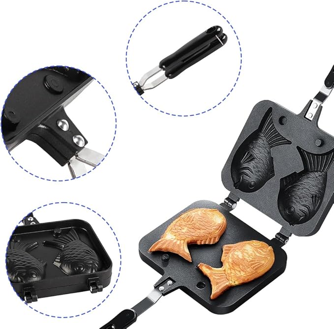 Joyzan Taiyaki Cake Pan, Fish Shaped Non stick Waffle Maker Double Pancake Baking Japanese Plate Stainless Steel Bread tool Handle Home Cooking Snacks DIY Desserts Party Electric Stovetop Gas Stove