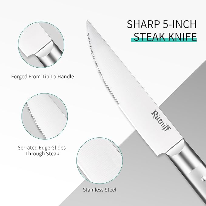Forged Steak Knives Set of 4, Full-Tang Serrated German Steel, Dishwasher-Safe Luxury Gift Box, Sharp 1.2" Wide Handle Non-Slip, Ultimate Housewarming & Wedding Steak Knife Set
