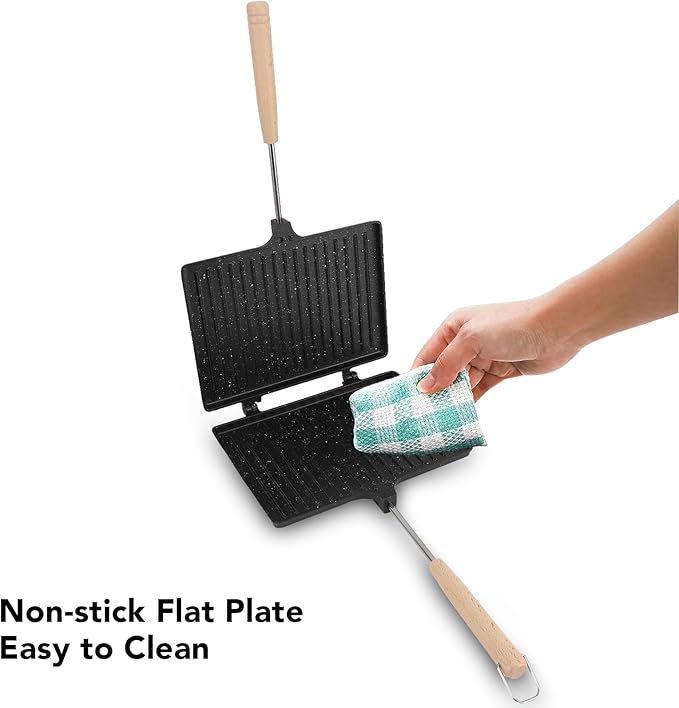 Hot Sandwich Maker, Non stick Grilled Panini Maker Pan with Handle, Stovetop Camping Sandwich Toaster Aluminum Flip Pan for Toast, Waffle, Breakfast