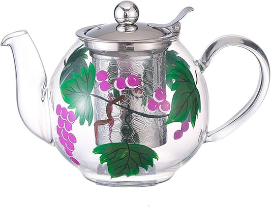 1000ml/35oz Hand Painted Pattern Glass Teapot For Stovetop,Tea Pot For Loose Tea,Glass Tea Kettle With Infuser (Grape)
