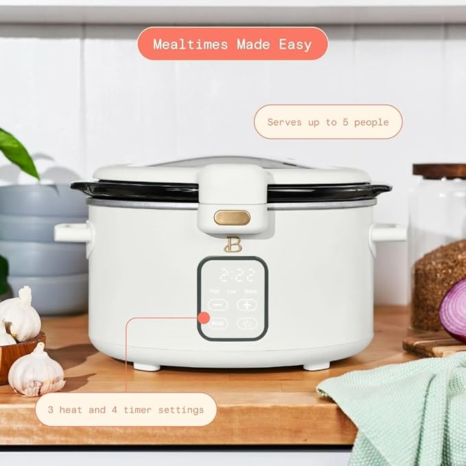 Beautiful by Drew 4.0-Quart Programmable Slow Cooker with Hinged Lid, Digital Timer, Keep Warm Function, Removable Stoneware Pot, Stainless-Steel Accents