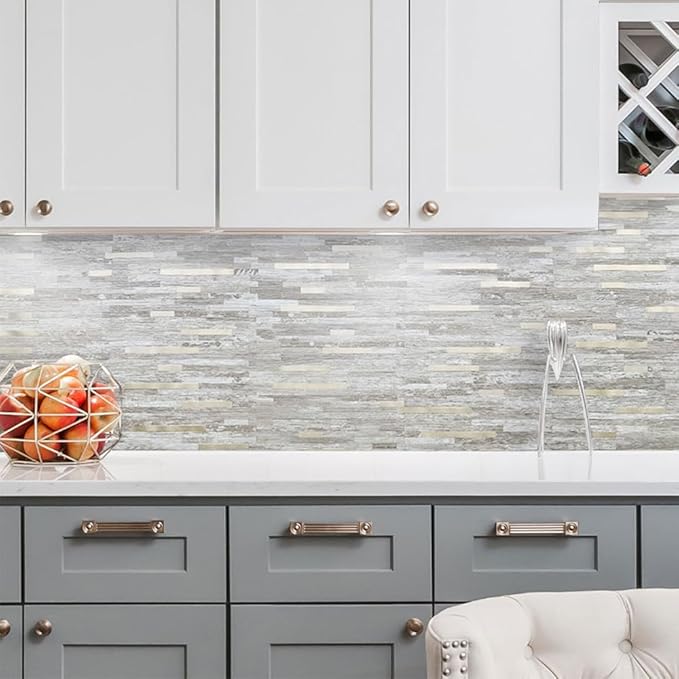 DICOFUN 10-Sheet Peel and Stick Backsplash Tile, Brown Birch Wood Look PVC Mixed Metal Gold Stick on Backsplash Tiles for Kitchen, 9.4 sq.ft