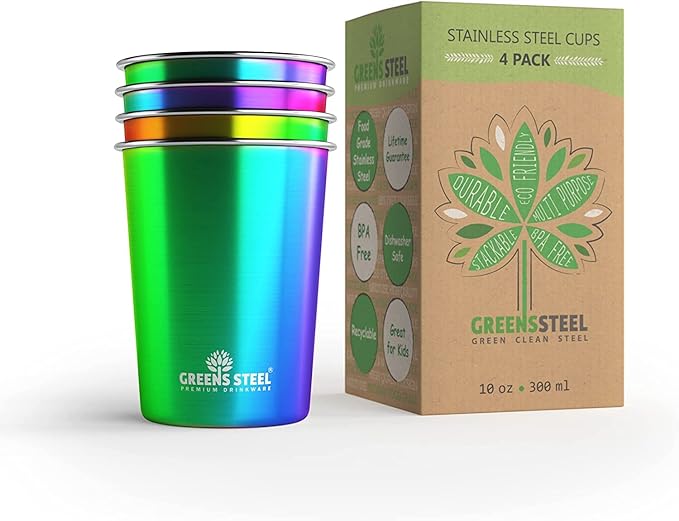 10oz Kids Cups – Stainless Steel Cups for Home, Party, Camping & Outdoor Activities – BPA Free, Unbreakable, Premium Stackable Metal Drinking Glasses for Children (4-Pack)