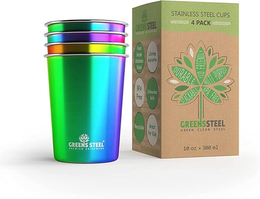 10oz Kids Cups – Stainless Steel Cups for Home, Party, Camping & Outdoor Activities – BPA Free, Unbreakable, Premium Stackable Metal Drinking Glasses for Children (4-Pack)