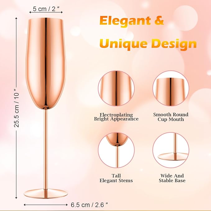 Stainless Steel Champagne Flutes Set of 4-Wedding &Birthday Gifts,8.5 Oz Unbreakable Champagne Glass with Long Stem,Reusable Indoor Outdoor Drinkware (Rose Gold)