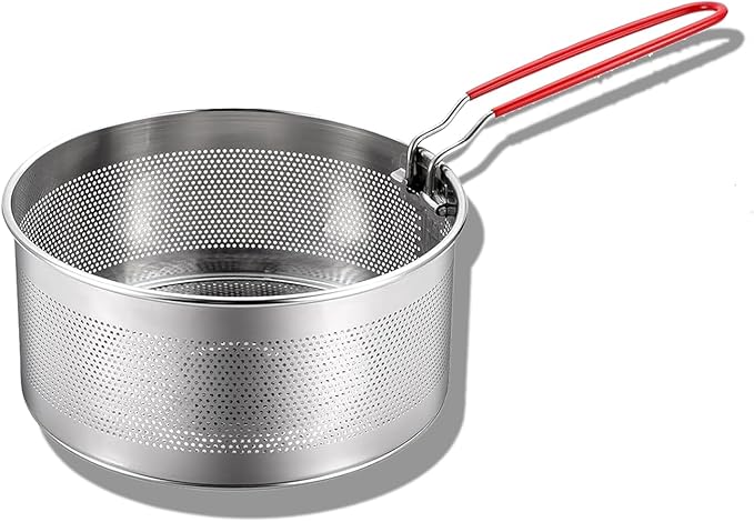 Tenta Kitchen Pasta Strainer Boiling Blanching Colander Vegetable Steamer Basket Stainless Steel Fryer Basket with Removable handle Insert for Veggie Fish Seafood Cooking and heat food 7 Inch