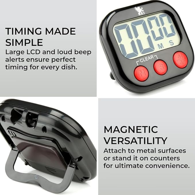H&S Digital Kitchen Timer - Magnetic Cooking Timer with Large LCD Digits Display & Loud Alarm - Black - Countdown Clock for Kids Classroom - AAA Battery Included - Kitchen Timers for Cooking