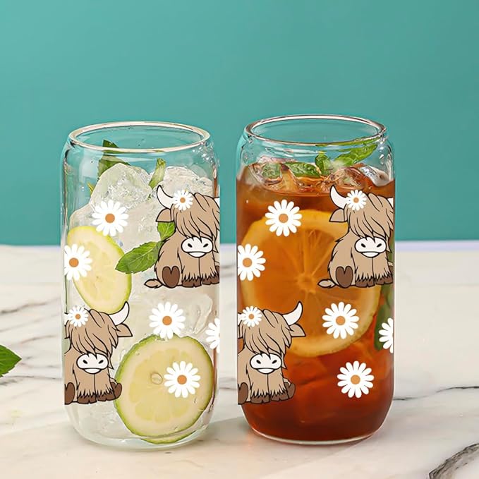 Highland Cow Cup Gifts for Women, Cute Cows Themed Stuff 16 oz Glass Cups with Lids and Straws, Highland Cow Christmas Birthday Gifts for Coffee Lovers, Women, Cowgirls, Girls, Mom-5