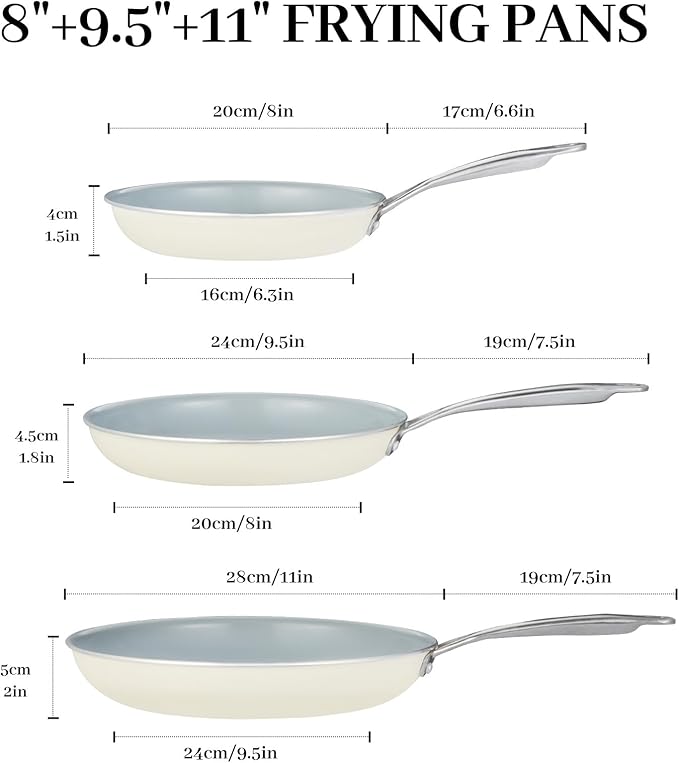 BECIGAR Ceramic Frying Pan Set with Stainless Steel Handle - Perfect Cookware Set for Steak & Non Stick Cooking - Ceramic Pans Set Non Stick Trendy Essential for Young Chefs(Cream White)