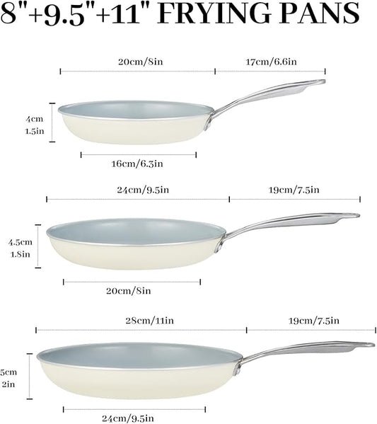 BECIGAR Ceramic Frying Pan Set with Stainless Steel Handle - Perfect Cookware Set for Steak & Non Stick Cooking - Ceramic Pans Set Non Stick Trendy Essential for Young Chefs(Cream White)